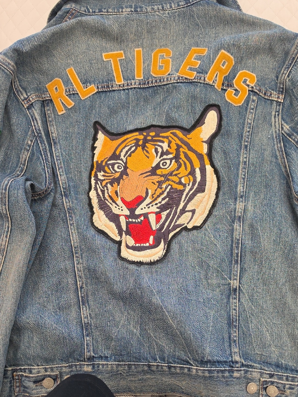 POLO Ralph Lauren Blue Denim TIGER Patch FOOTBALL LETTERMAN JACKET•Large•RARE! - Picture 5 of 15